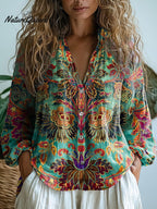 Women's Vintage Lovely Floral Art Print Casual Long Sleeve Comfortable Cotton Shirt