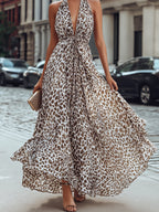 Leopard Print Halter Neck Flowing Maxi Dress