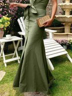 (SIZE:XS-XXL) Cotton Maxi Dress, Cap Sleeve, Lapel Collar, Plain, Vintage, Blue
