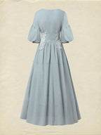 Maxi Cotton Dress, Half Sleeve, V Neck, Plaid, Lace, Vintage, Blue