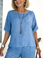 2Pcs Cotton and Linen Embroidered Casual Suit High Waist Loose Trousers