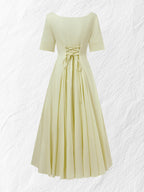 Maxi Linen Dress , Short Sleeves, Square Neck, Plain, Vacation, French Vintage, Light Yellow