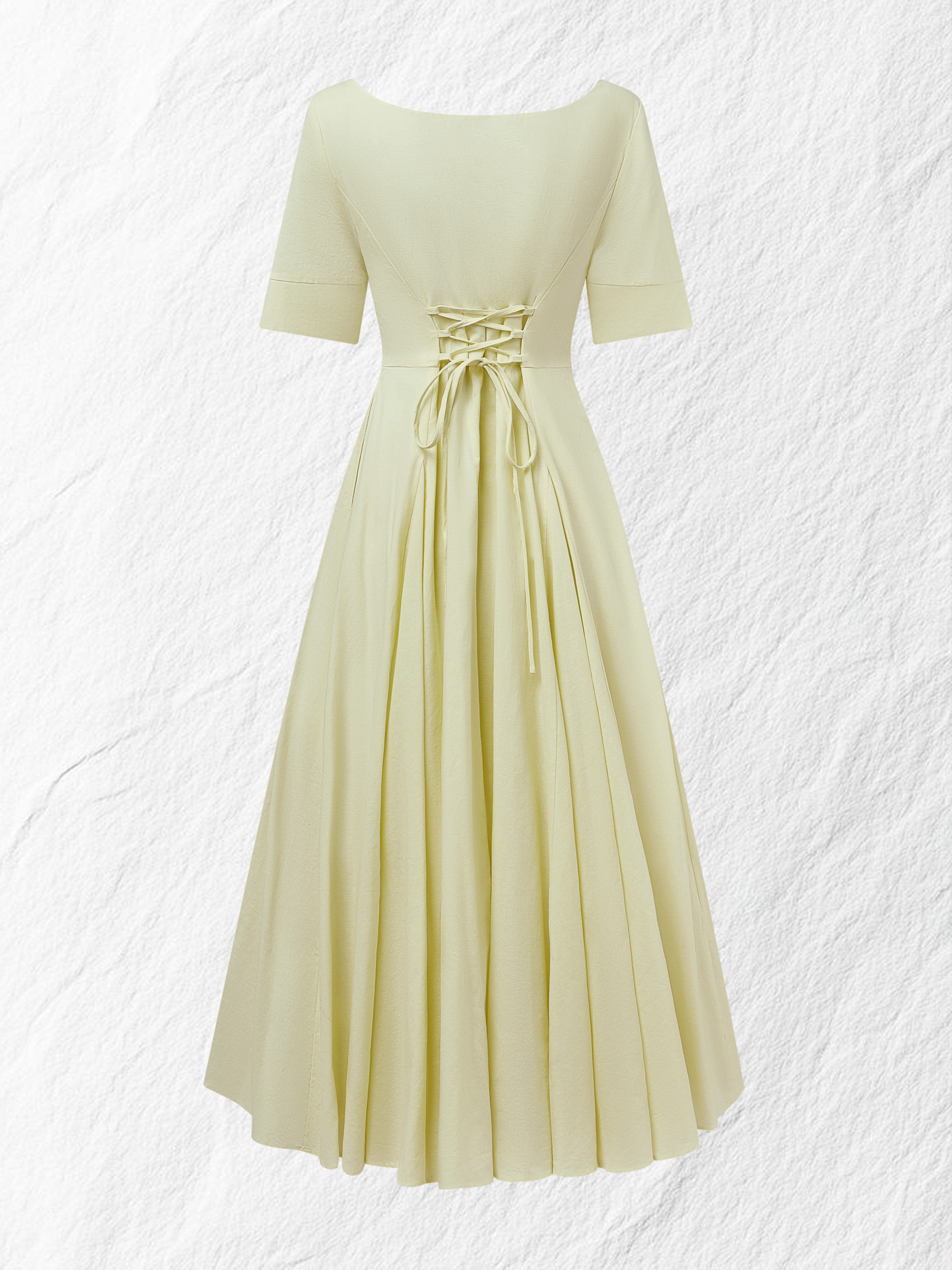 Maxi Linen Dress , Short Sleeves, Square Neck, Plain, Vacation, French Vintage, Light Yellow