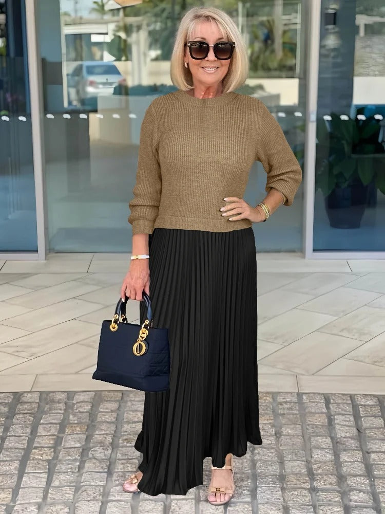 Knitted Long-sleeved Splicing Pleated Dress