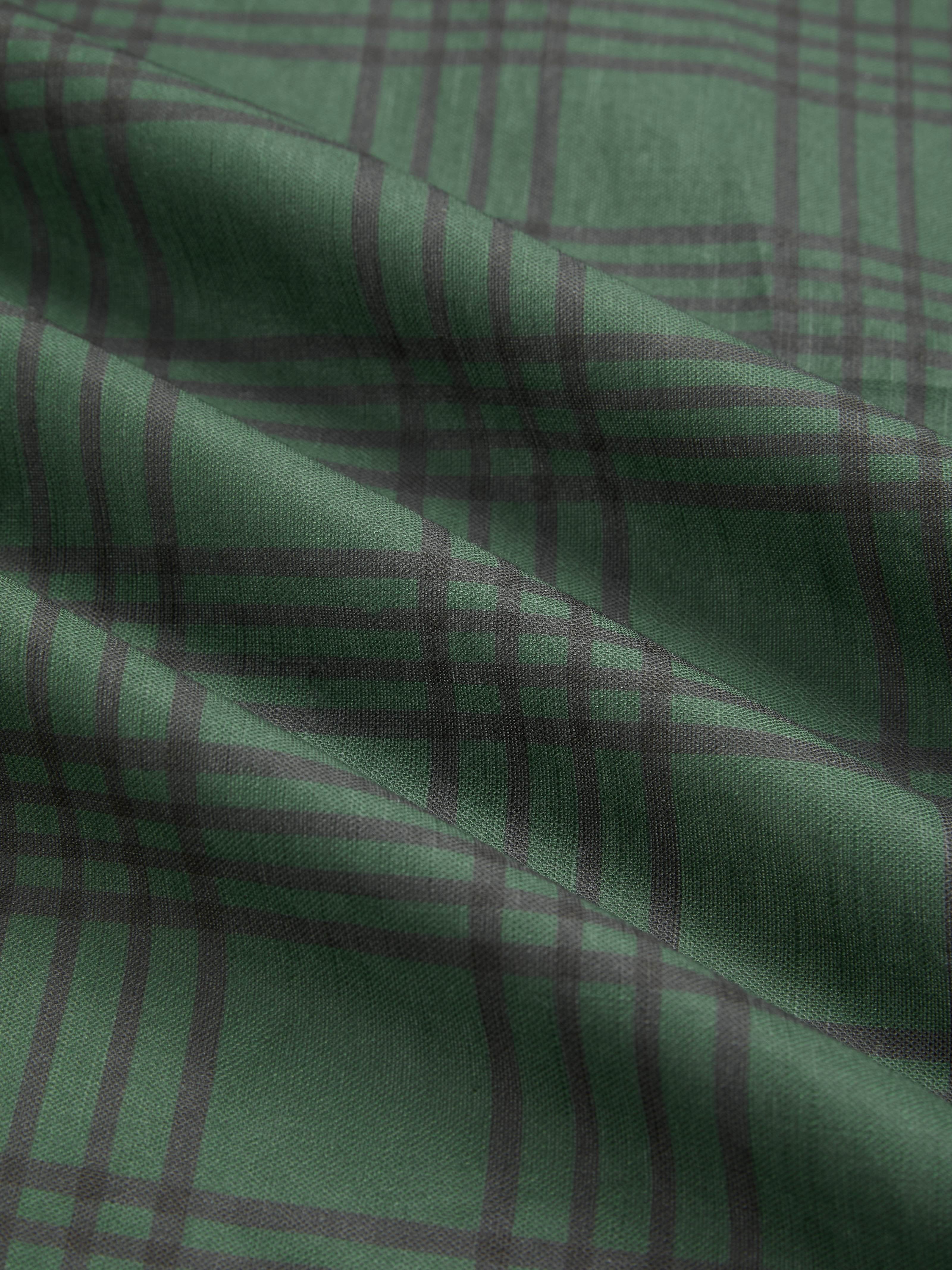 Maxi Linen Dress, Long Sleeves, V Neck, Plaid, Lace, Vintage, Deep Green