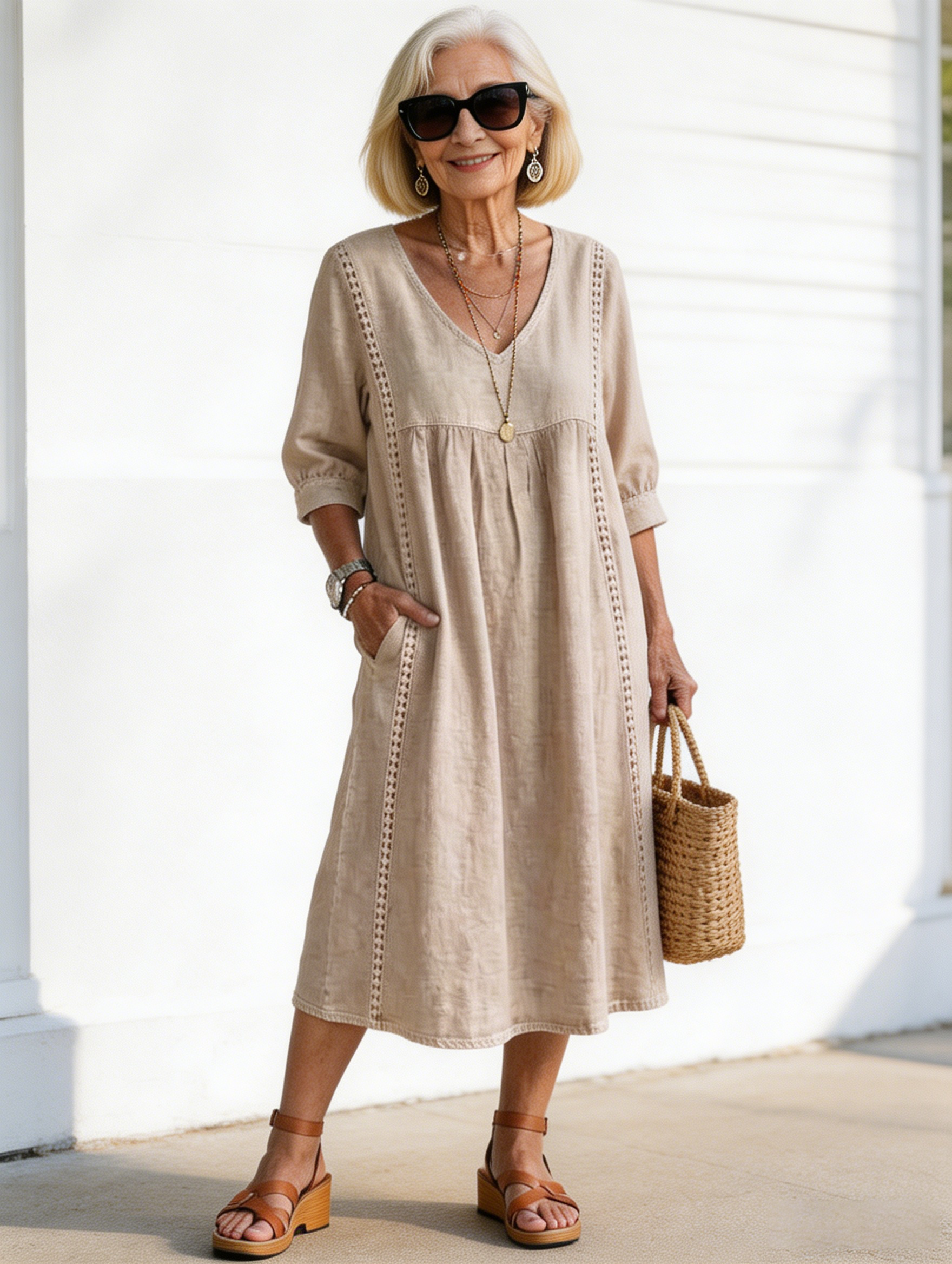 Casual Loose V-neck Splicing Lace Edge Linen Cotton Dress