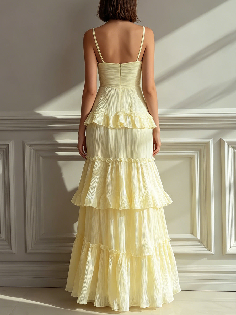 Lemon Yellow Ruffled Tiered Chiffon Cami Maxi Dress