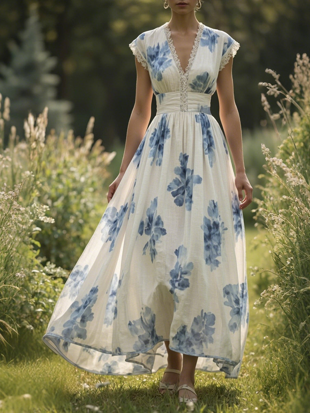 (SIZE:XS-XXL)Linen Maxi Dress, Sleeveless, V neck, Floral, Vintage, White