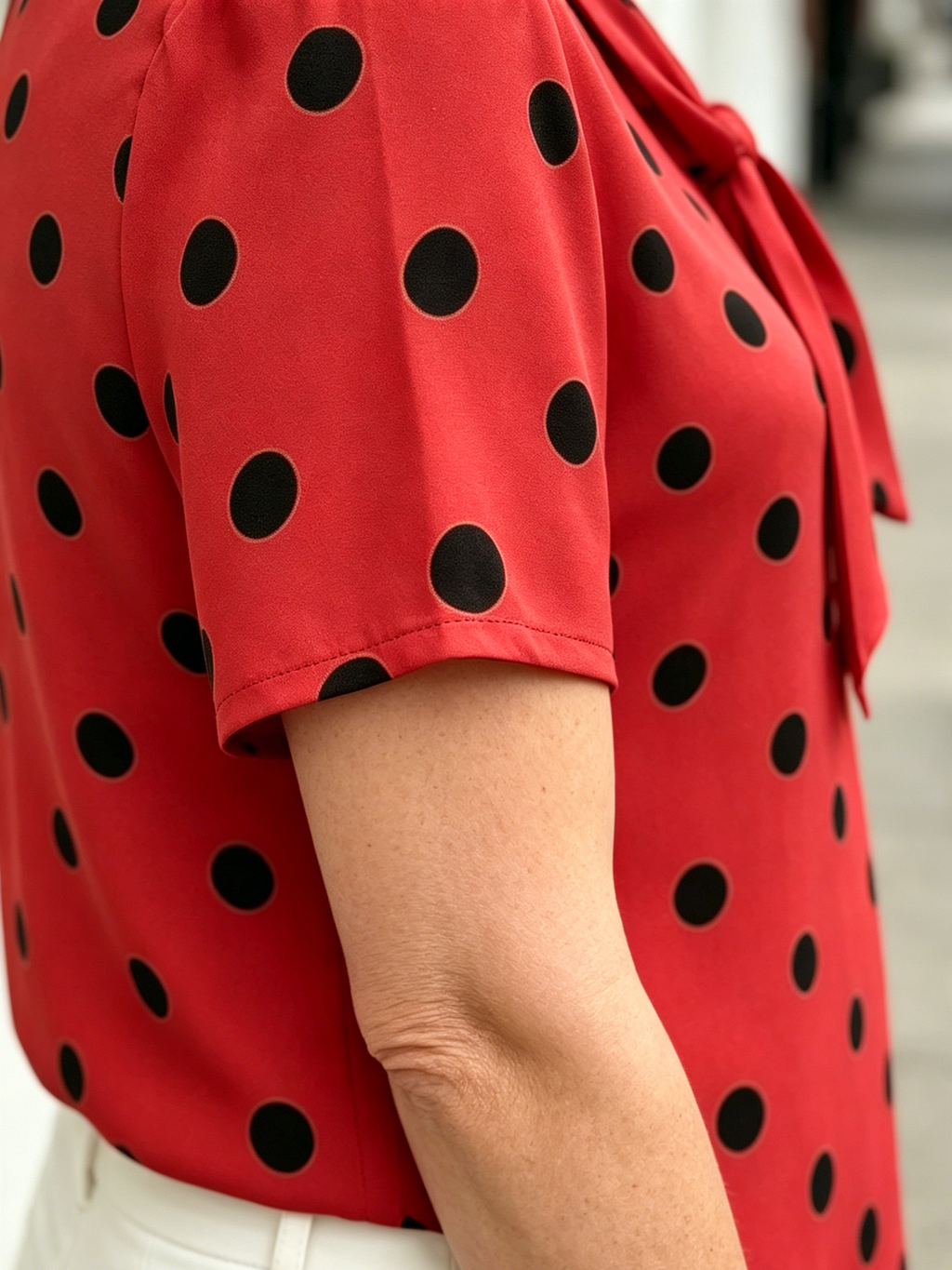 Yellow Polka Dot Chiffon Blouse, V Neck Front Tie Short Sleeve Loose Tummy Concealing Shirt for Mature Women