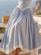 Maxi Linen Skirt, Striped, Lace, French Vintage, Blue