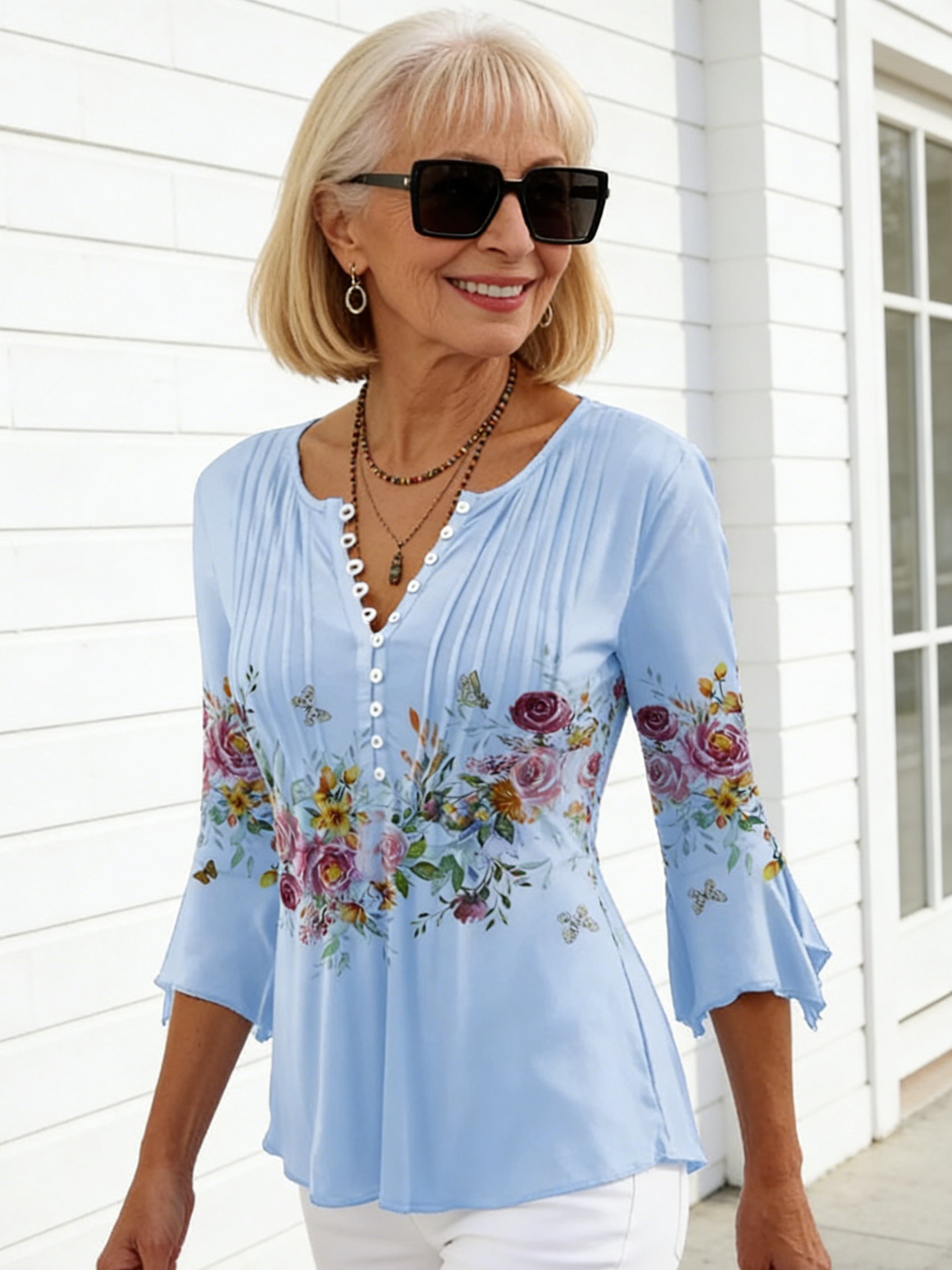Fashion Women's Floral Print V-Neck Short Sleeve Pleated Button T-Shirt Bottom Shirt