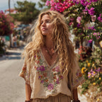 Vintage Pink Floral Embroidery Linen Short Sleeve T-shirt