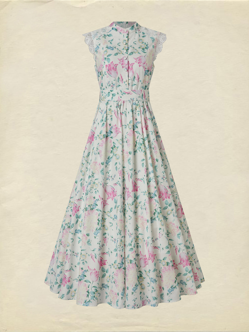 Maxi Cotton Dress, Sleeveless, V Neck, Floral, Lace, Vacation, Vintage, Apricot