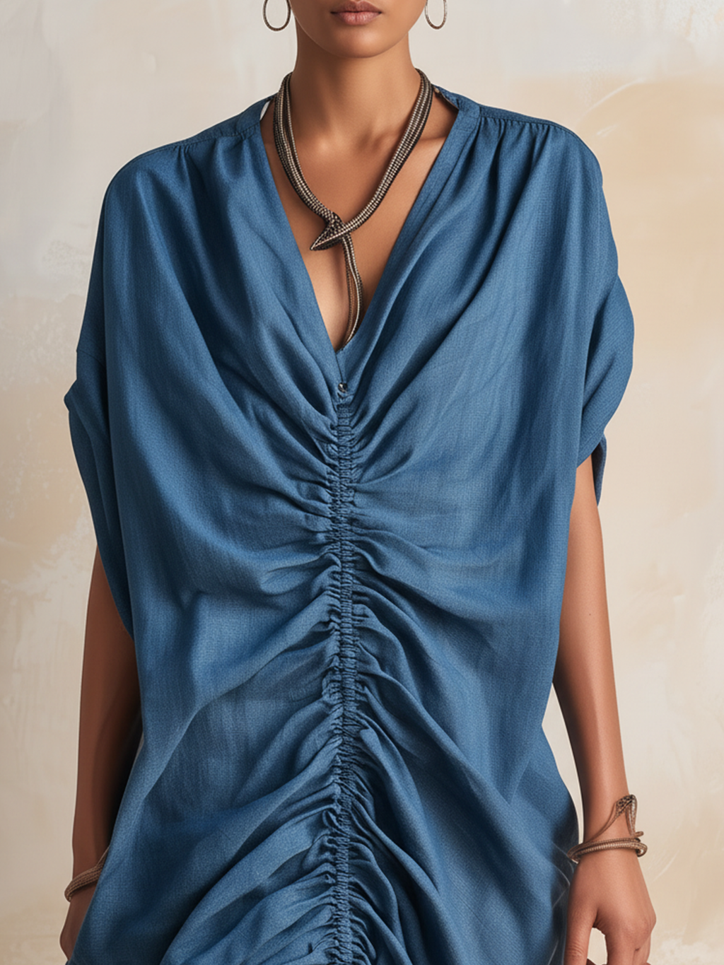 Ocean Blue Ruched Front Tencel Denim Maxi Dress