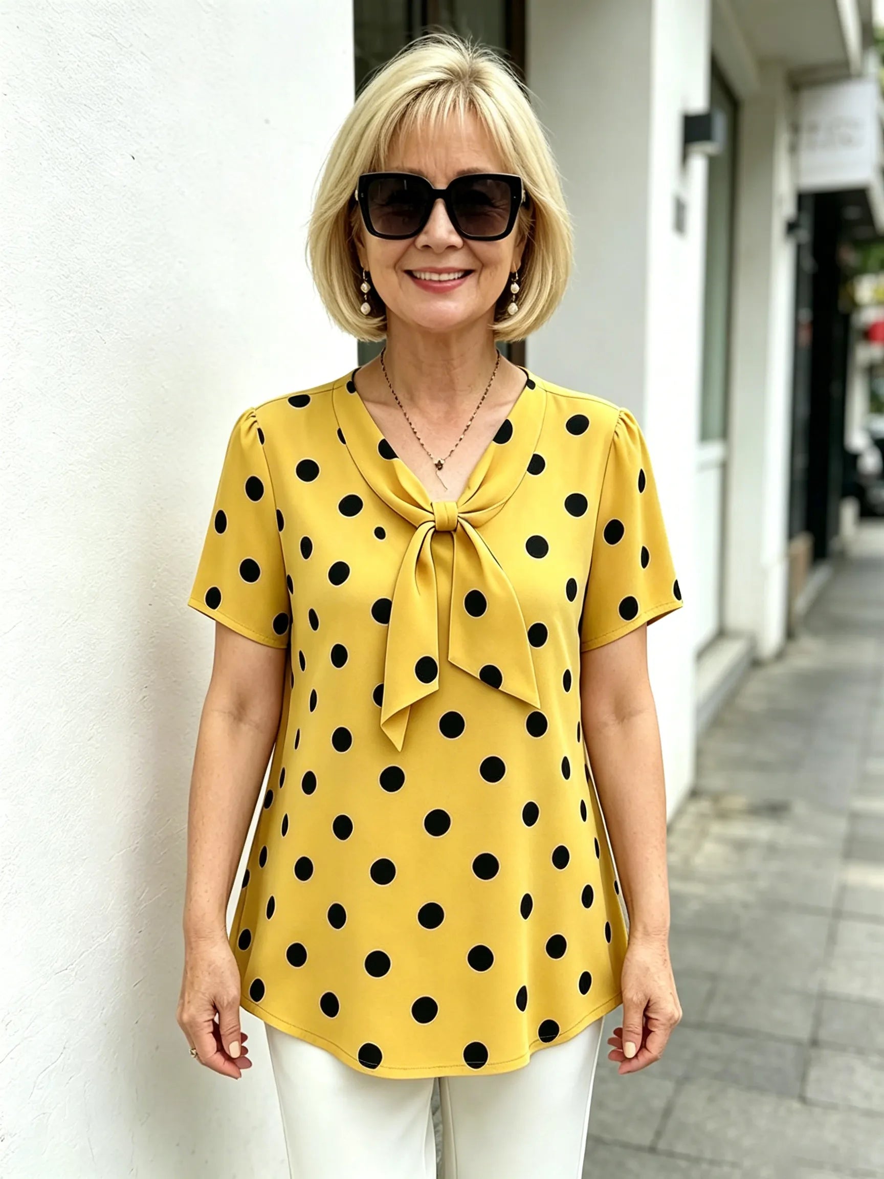 Yellow Polka Dot Chiffon Blouse, V Neck Front Tie Short Sleeve Loose Tummy Concealing Shirt for Mature Women