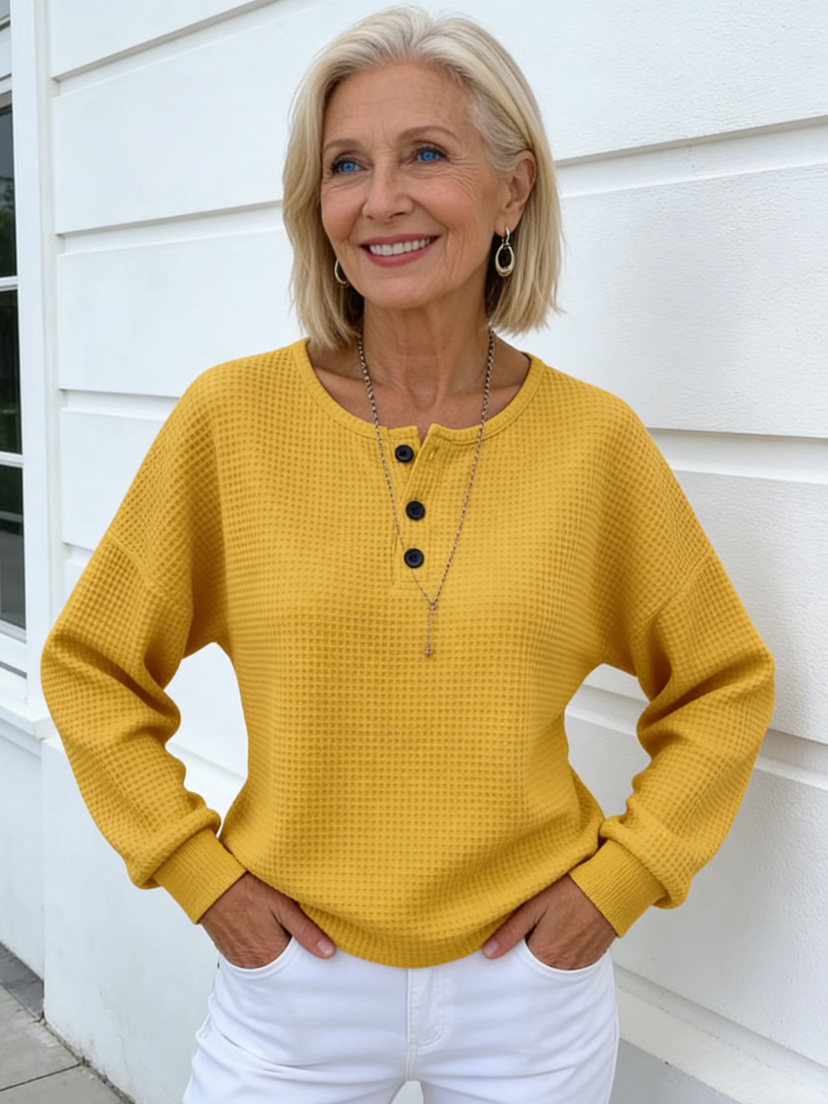 Crew Neck Waffle Solid Color Pullover Loose Top