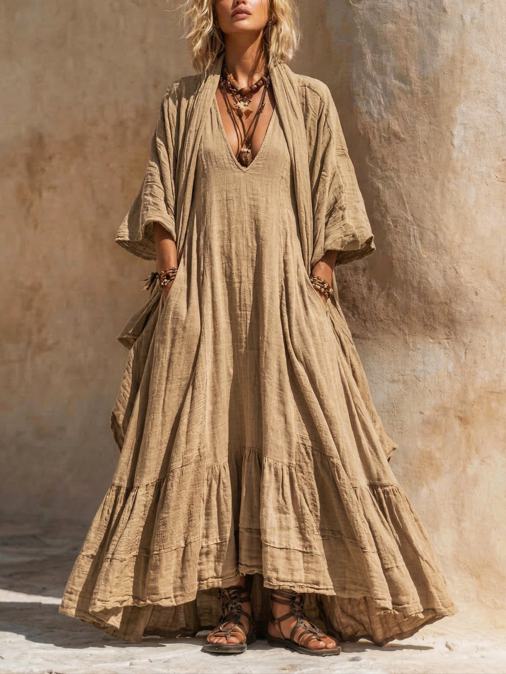 Bohemian Romantic Dress Cardigan Cotton Linen Two-piece Set