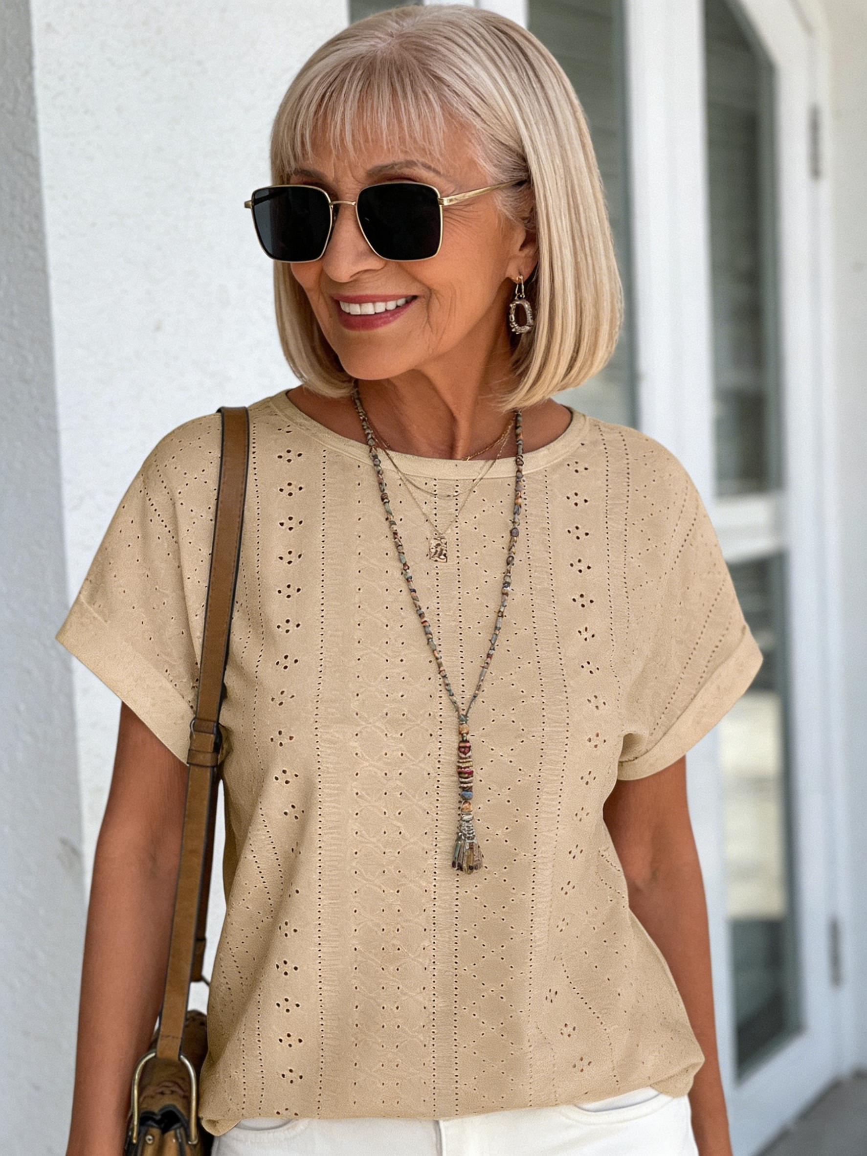 Textured Fabric Solid Color Crew Neck Loose Short Sleeve T-Shirt Top Women