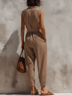 Striped Linen-Blend Sleeveless Wrap Jumpsuit With Waist Tie
