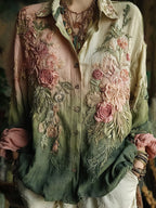 Women's Vintage Floral Embroidery Contrast Linen Shirt