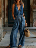 [24-hour shipping out]Loose Casual Pocket Elastic Waist Vintage Denim Jumpsuit