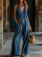 [24-hour shipping out]Loose Casual Pocket Elastic Waist Vintage Denim Jumpsuit