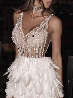 Feather Sequined Split-Joint Mini Dress