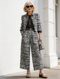 2Pcs Lapel Slim Women's Style Long-sleeved Short Jacket with Wide Leg Pants Set
