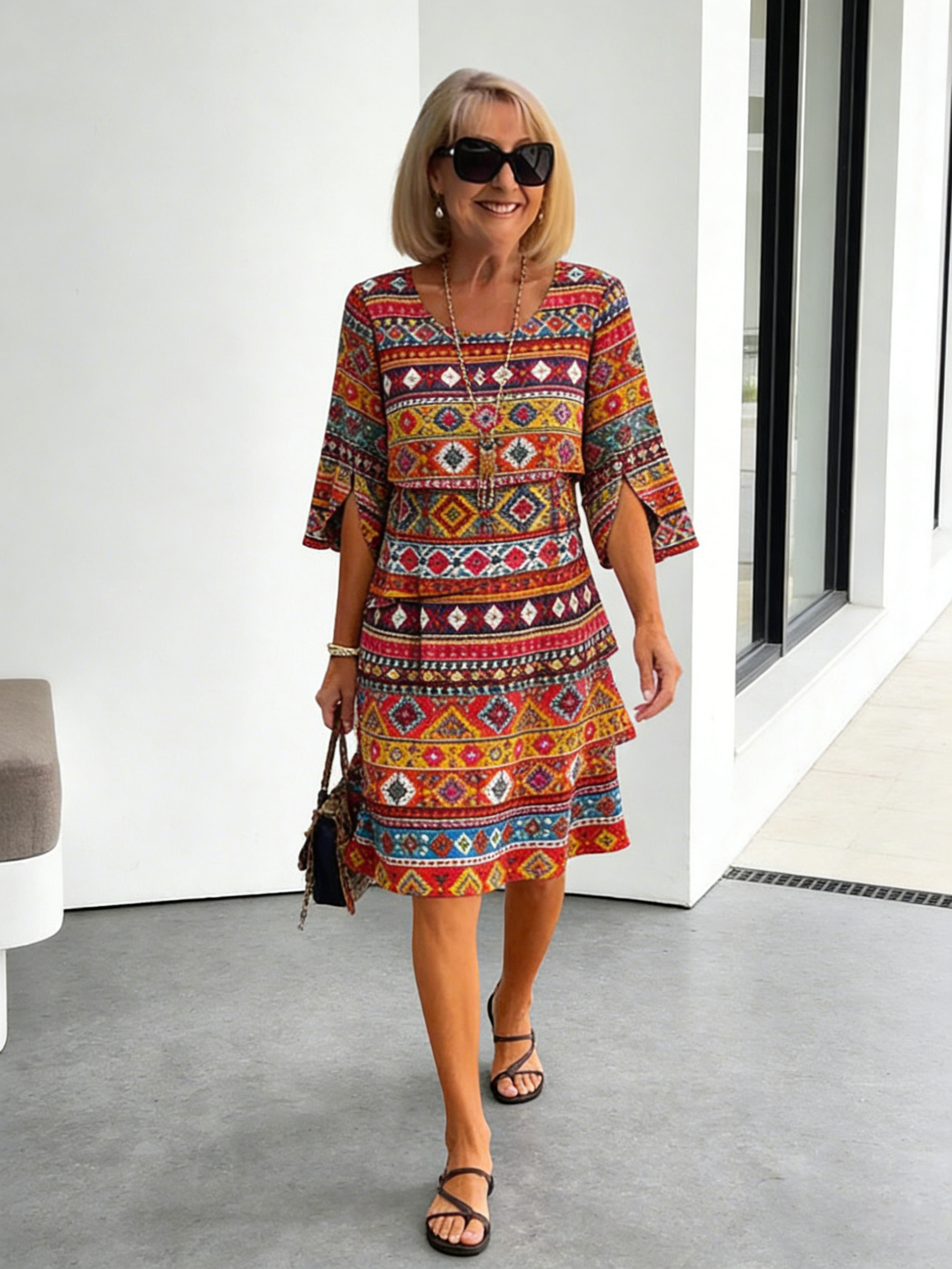 Chiffon Paisley Vacation Prints Color Round Neck Cake Skirt Splicing Dress Mid-length