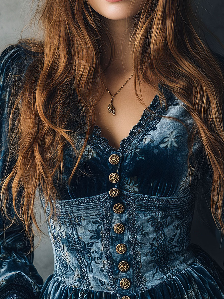 Vintage Blue Velvet Floral Print Corset Style Blouse