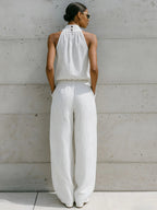 Casual Sleeveless Striped Linen And Cotton Top And Pants Two-piece Set