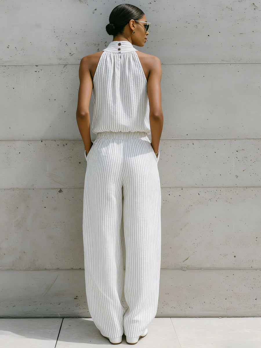 Casual Sleeveless Striped Linen And Cotton Top And Pants Two-piece Set