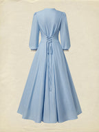 Midi Cotton Dress, Half Sleeve, V Neck, Plain, Lace, Vintage, Blue