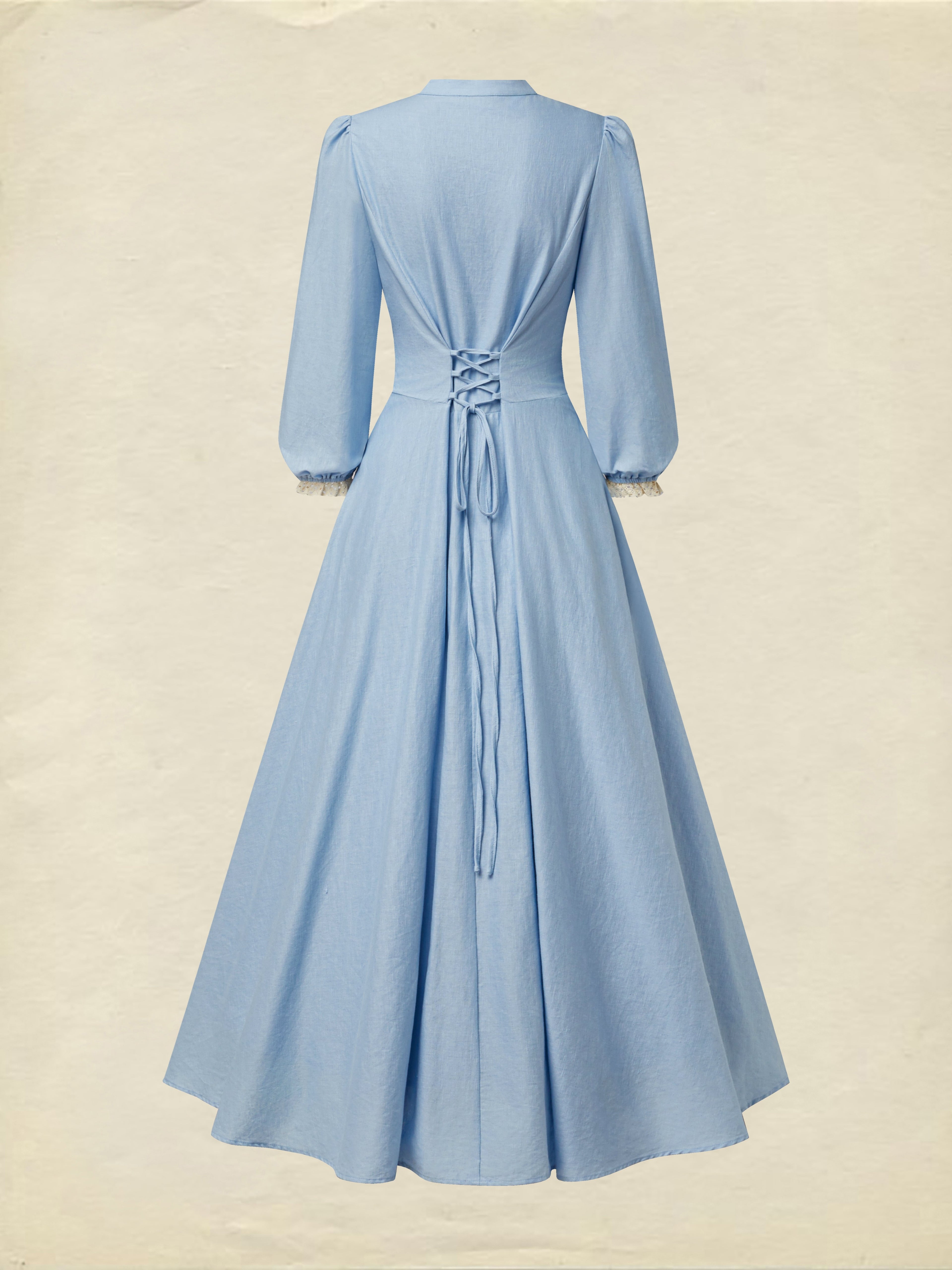 Midi Cotton Dress, Half Sleeve, V Neck, Plain, Lace, Vintage, Blue