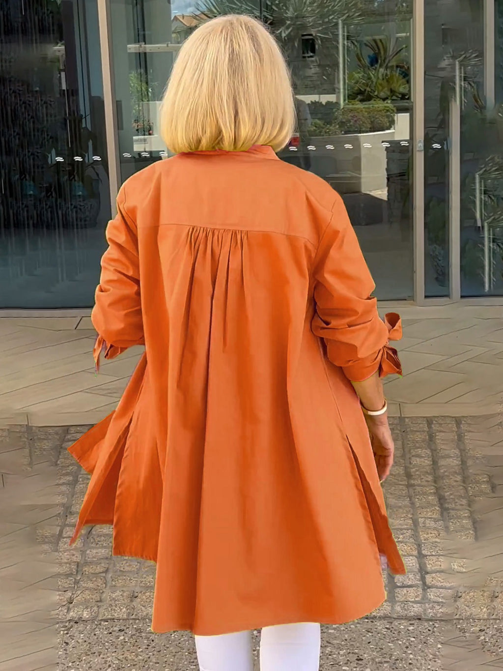Solid Color Long Cotton Shirt Jackets Women Swing Jacket Shap Flattering Gathered Yolk At The Back