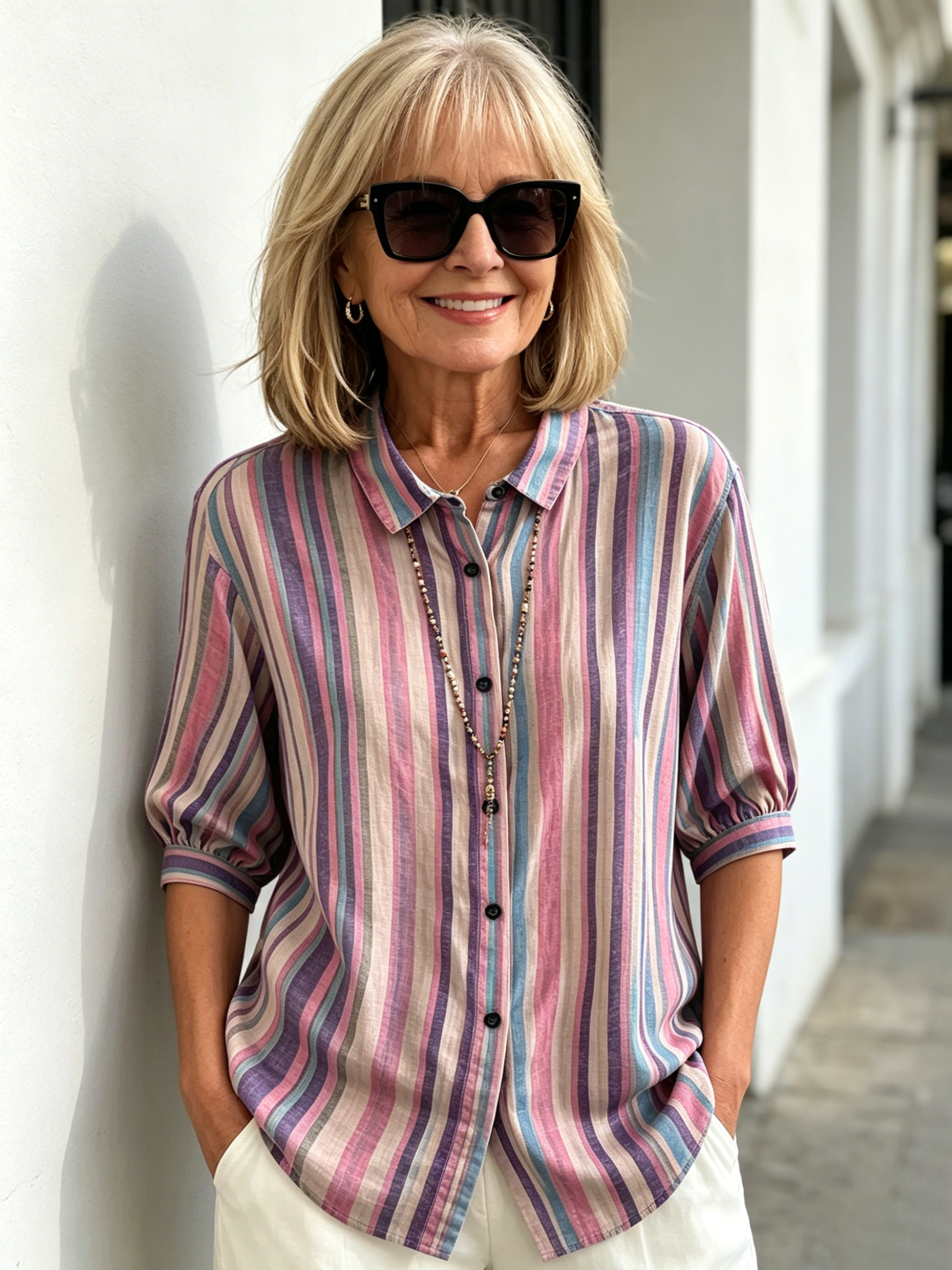 Contrasting Striped Shirt Lapel Single-breasted Medium Sleeve Top Women's Shirt