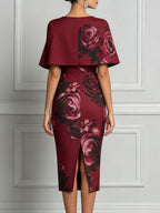Burgundy Rose Print Cape Sleeve Bodycon Midi Dress