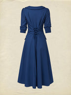 Midi Linen Dress, Half Sleeve, Shawl Collar, Plain, Button Design, Vintage, Dark Blue