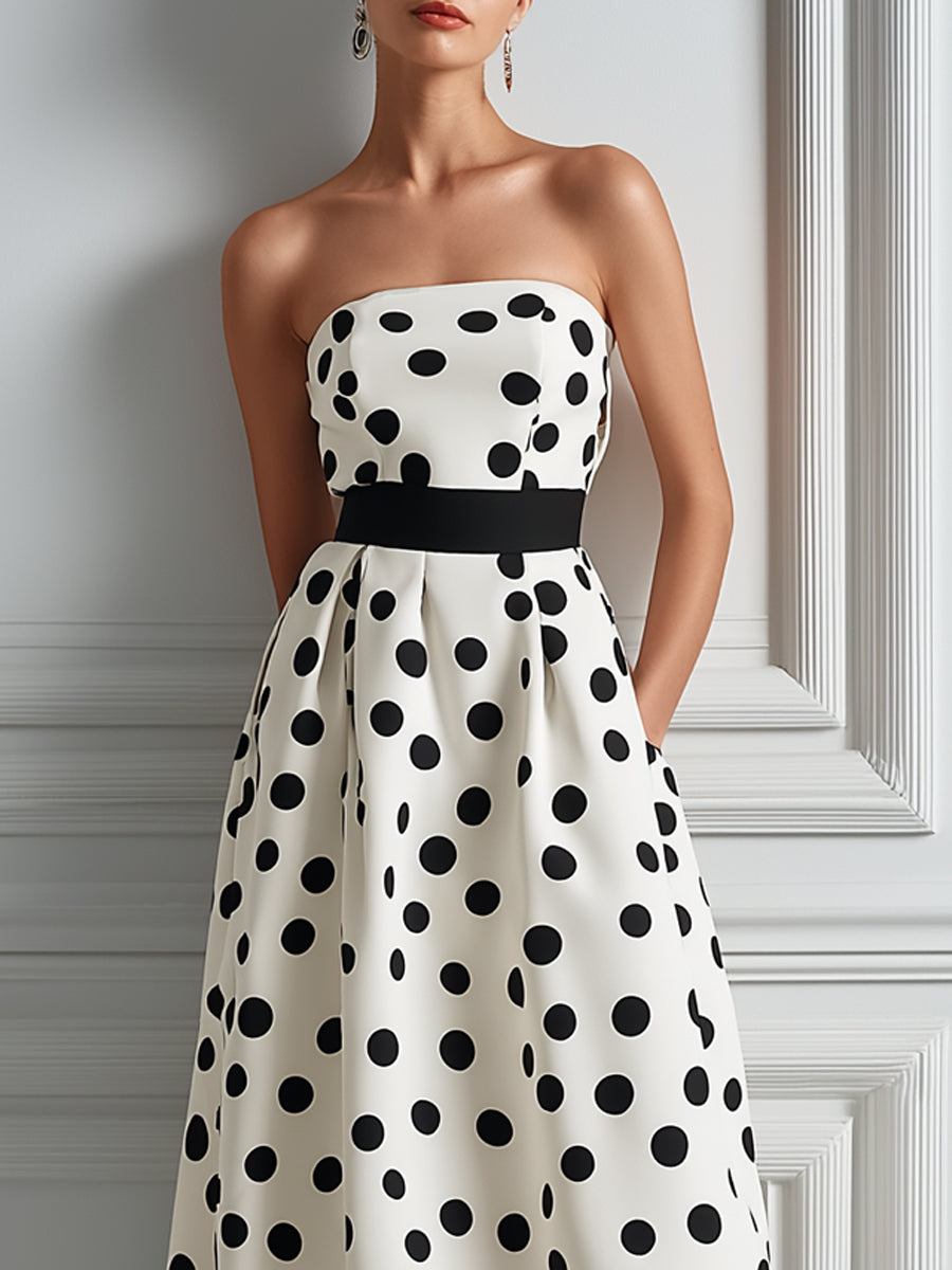 Black & White Polka Dot Strapless A-Line Midi Dress