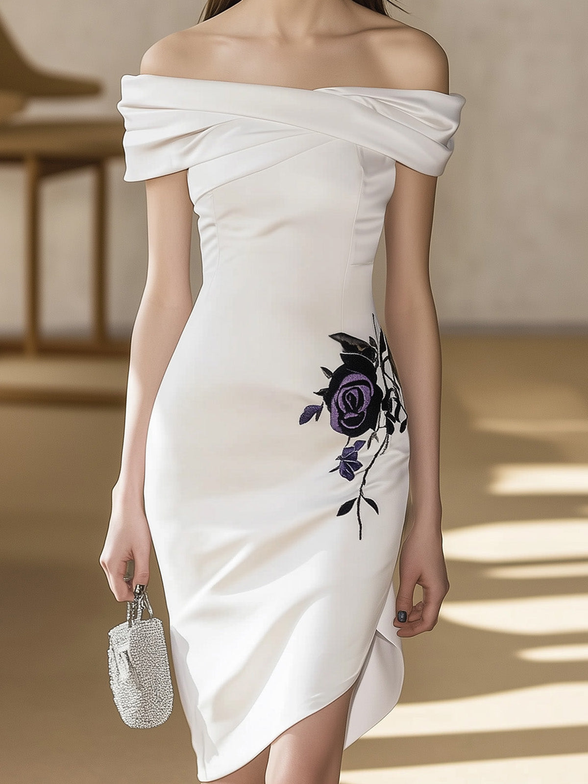 Chic White Satin Dress Featuring Asymmetric Hem and Floral Embroidery