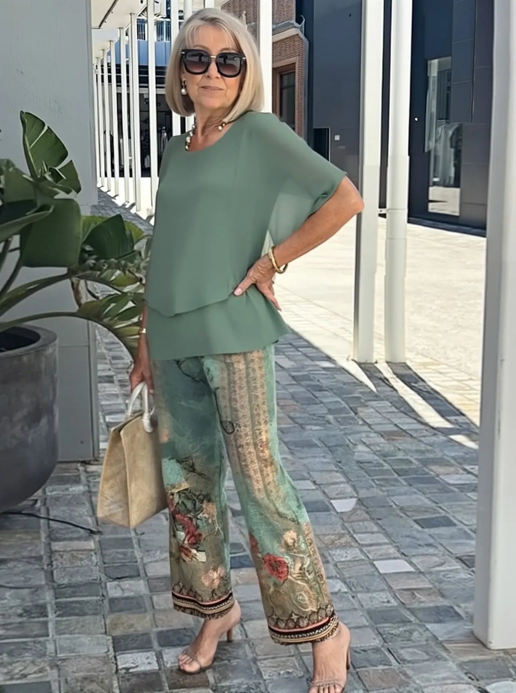 Casual Crew Neck Medium Sleeve Top Printed Floral Pants Set Two-piece Set