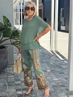 Casual Crew Neck Medium Sleeve Top Printed Floral Pants Set Two-piece Set