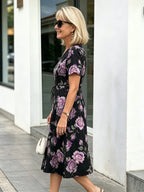 Orange Floral V-Neck Midi Dress, Short Sleeve Elastic Waist Slimming Temperament Long Dress for Mature Women