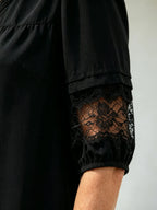 Navy Blue Lace Spliced Midi Dress, V Neck 3/4 Sleeve Loose Tummy Concealing Slimming Casual Dress for Mature Women