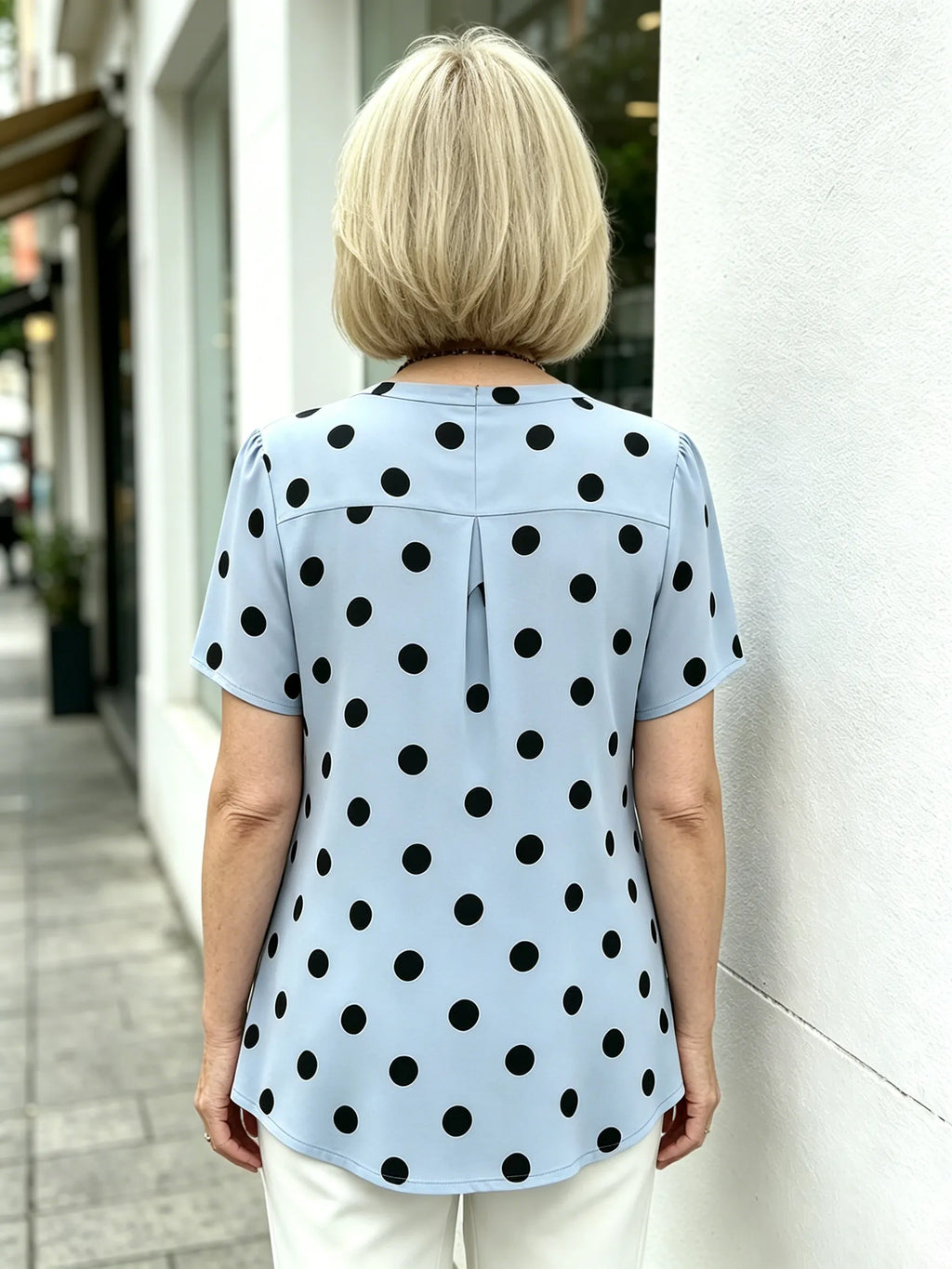 Yellow Polka Dot Chiffon Blouse, V Neck Front Tie Short Sleeve Loose Tummy Concealing Shirt for Mature Women
