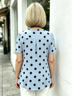 Yellow Polka Dot Chiffon Blouse, V Neck Front Tie Short Sleeve Loose Tummy Concealing Shirt for Mature Women