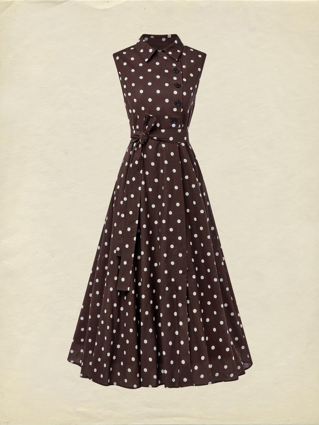 Midi Cotton Dress , Sleeveless, Shawl Collar, Polka Dots, Button Design, French Vintage, Coffee