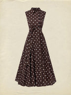 Midi Cotton Dress , Sleeveless, Shawl Collar, Polka Dots, Button Design, French Vintage, Coffee