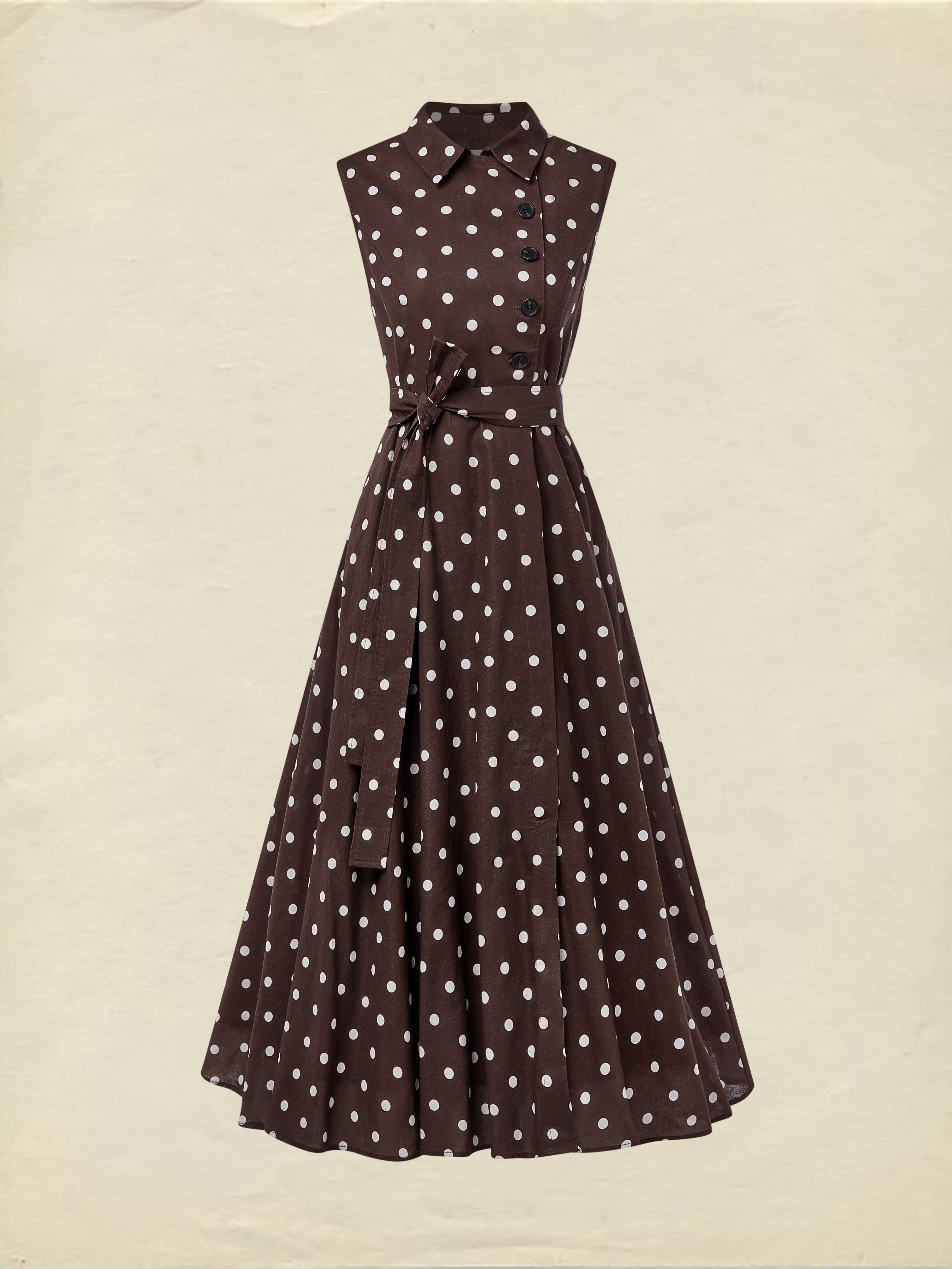 Midi Cotton Dress , Sleeveless, Shawl Collar, Polka Dots, Button Design, French Vintage, Coffee