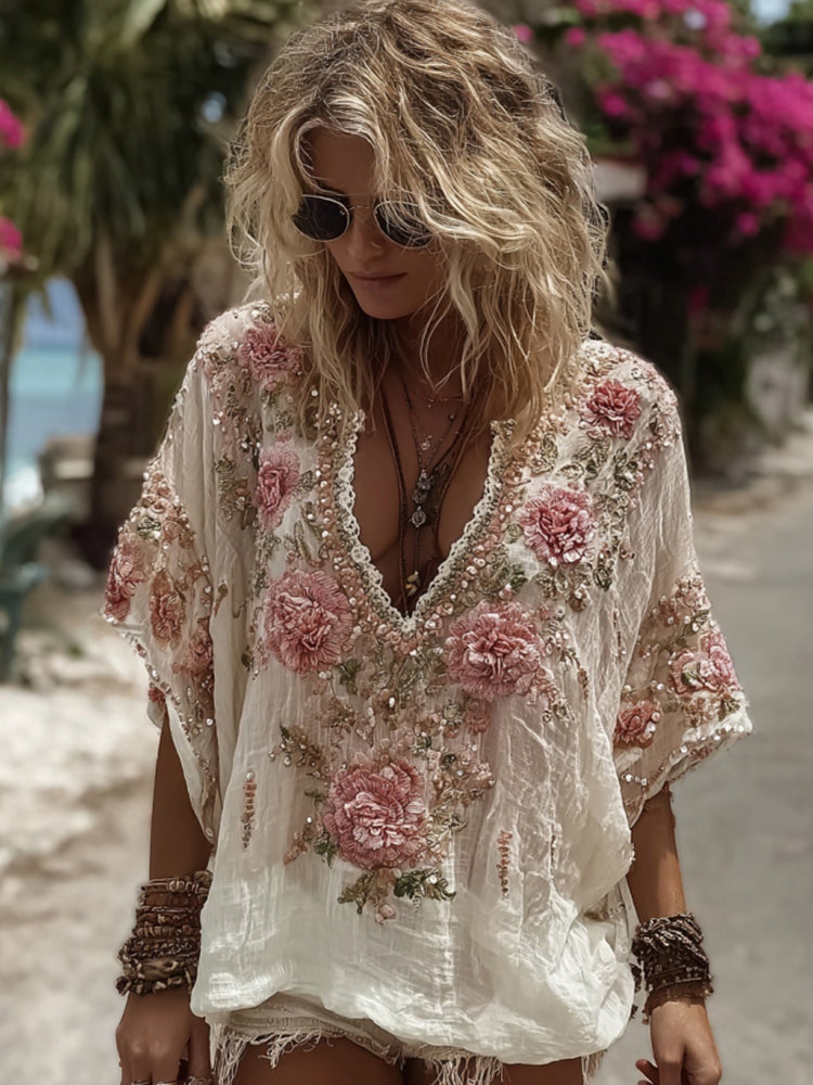 Women's Pink Floral Embroidery Art V Neck Comfy Shirt